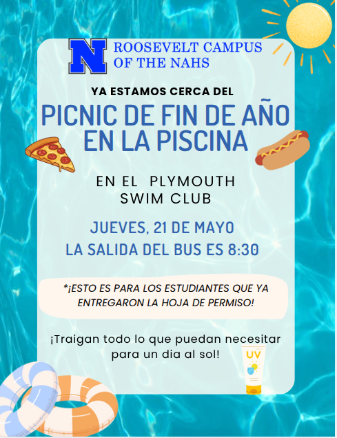 A flyer for the end of School picnic on May 21st at the Plymouth Swim Club in Spanish