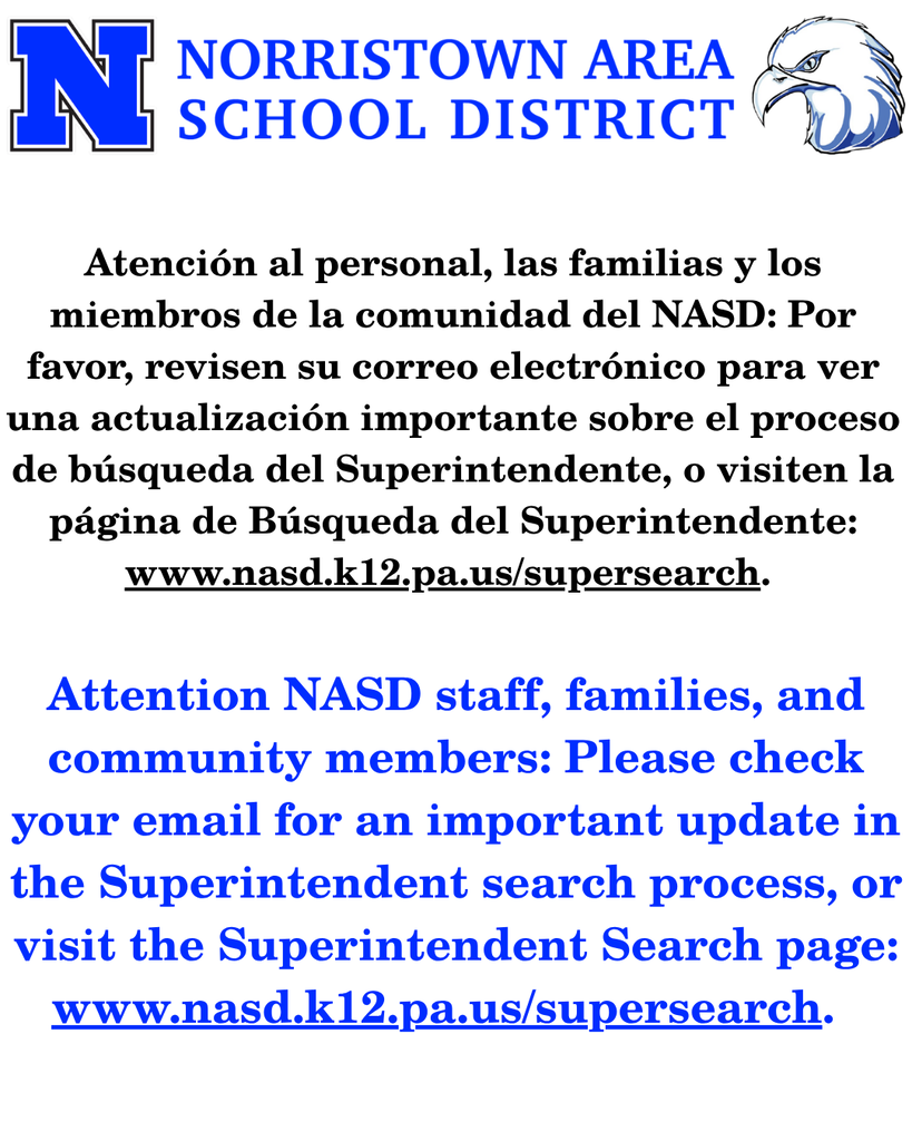 Announcement of update on the Superintendent search. Full details in caption.