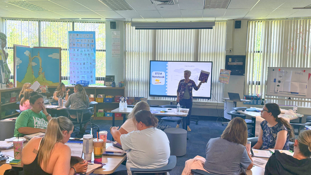 Teachers in a room for professional development session with facilitator at the front of the room.