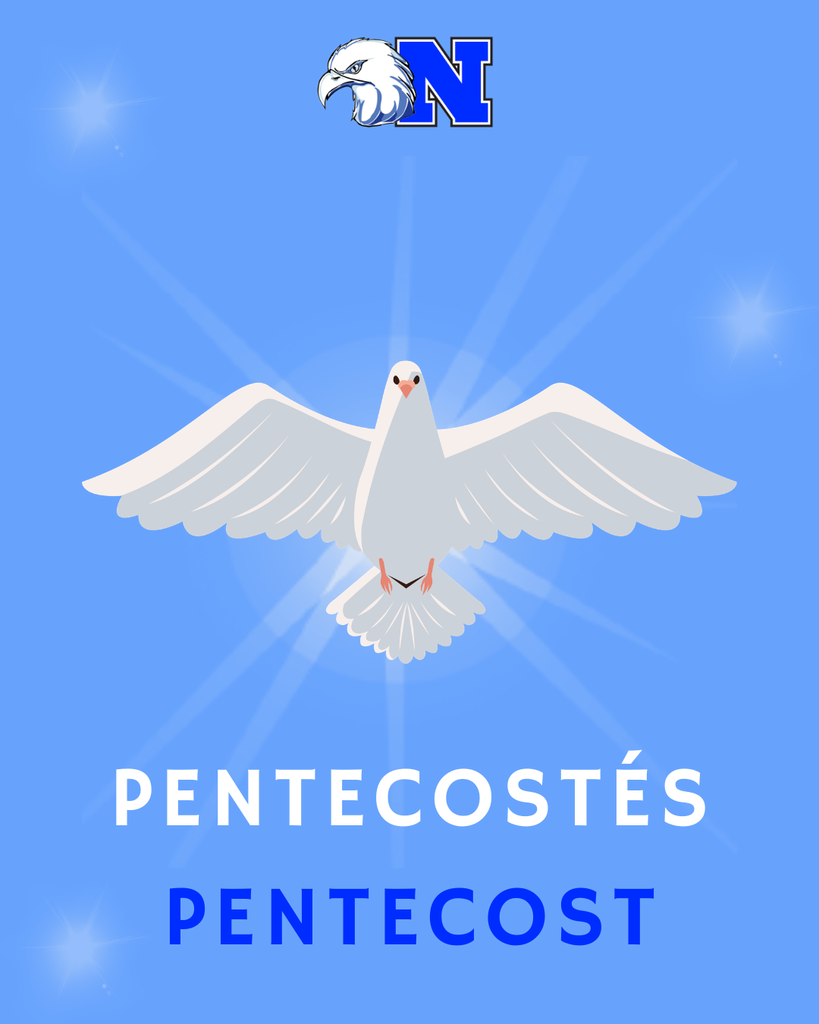 A white dove with spread wings on a blue background with rays of light, NASD at the top, and the words "PENTECOSTÉS PENTECOST" below.