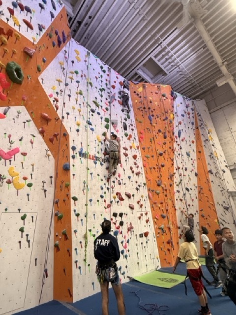 Fourth graders climb a rock wall at the Philadelphia Rock Gym.
