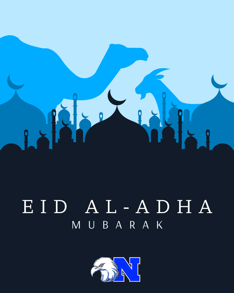 Text "Eid al-Adha Mubarak" with camel and goat silhouettes above a mosque skyline and the NASD logo.