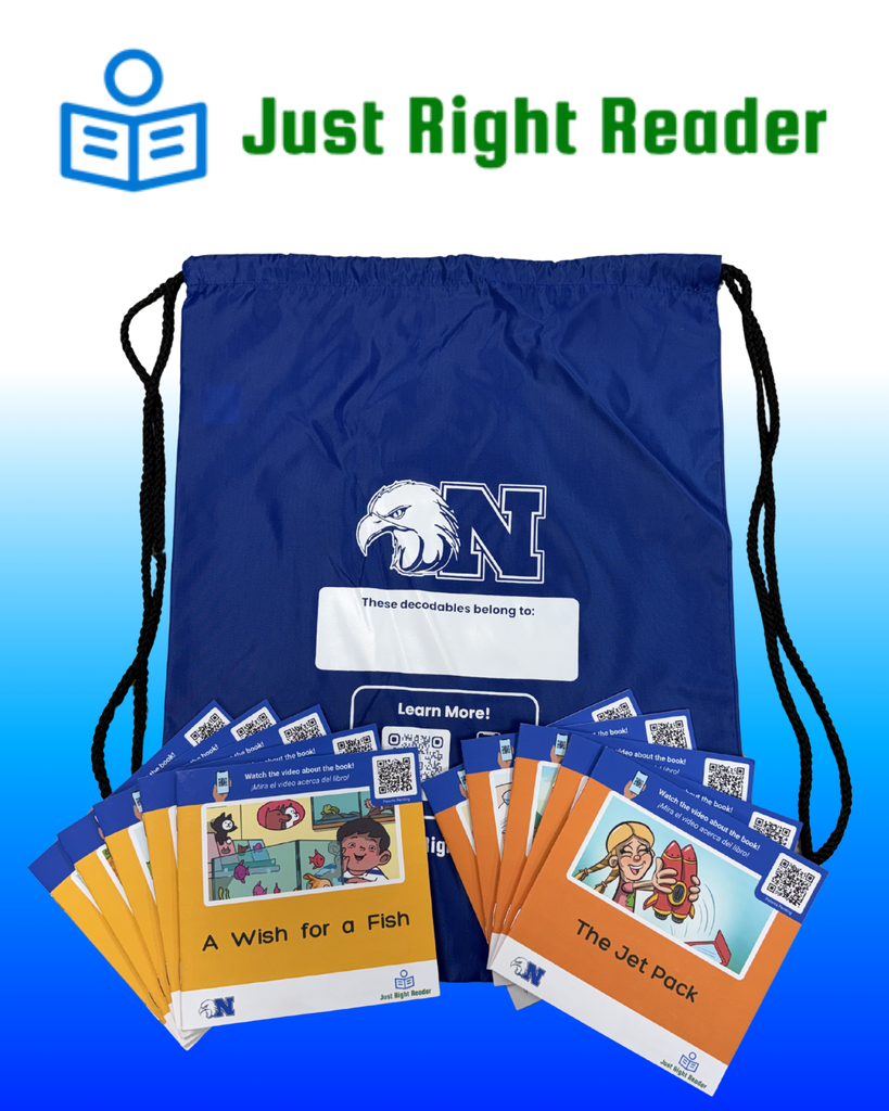 Blue drawstring bag with "Just Right Reader" books.