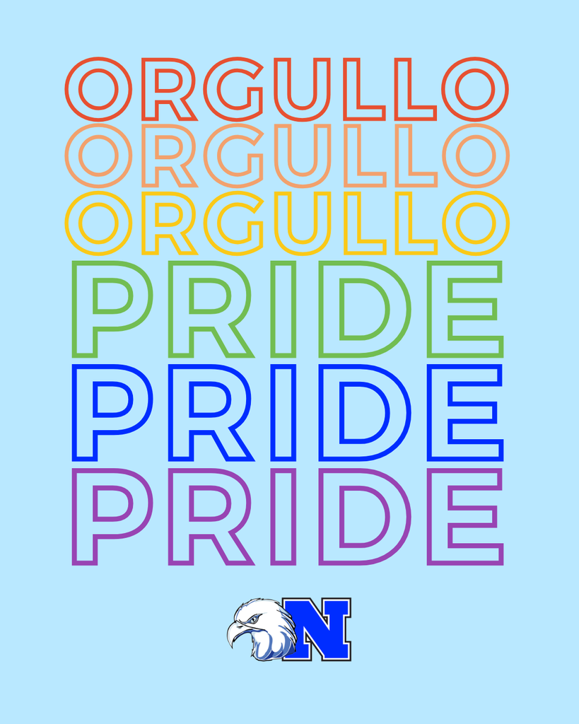 Pride Month Graphic with "Pride" in English and Spanish in rainbow order with the NASD logo.