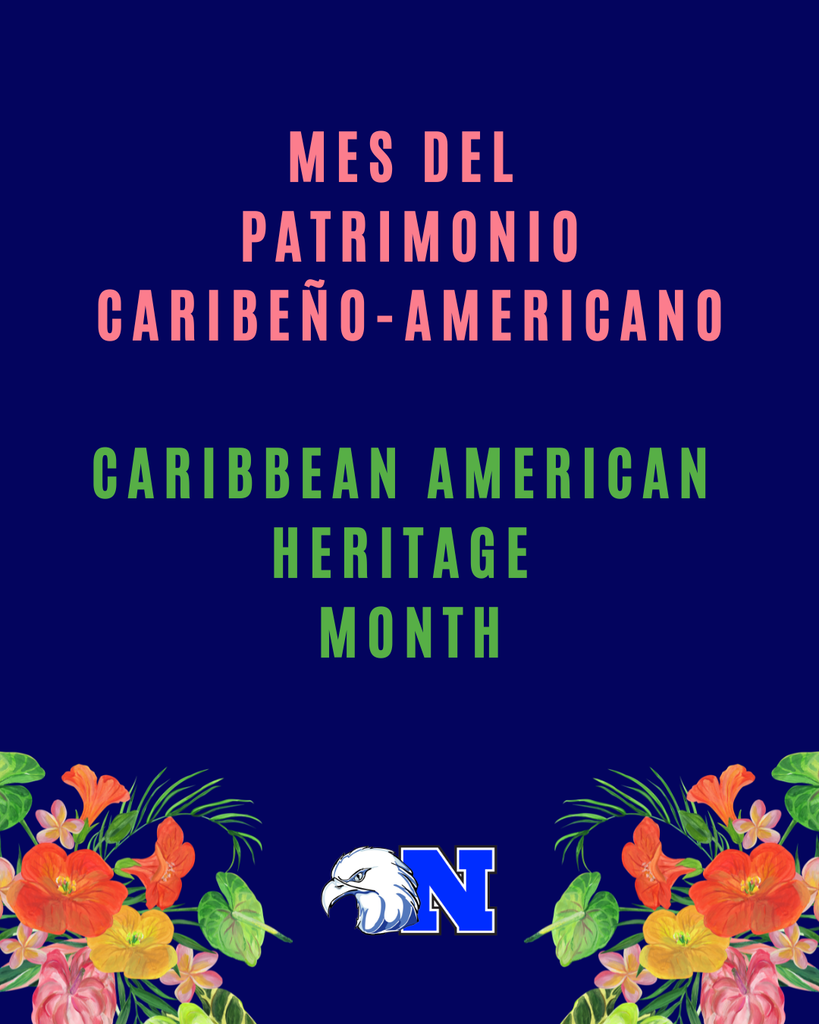 Caribbean American Heritage Month graphic with dark blue background, tropical flowers, text "Caribbean American Heritage Month" and the NASD logo.