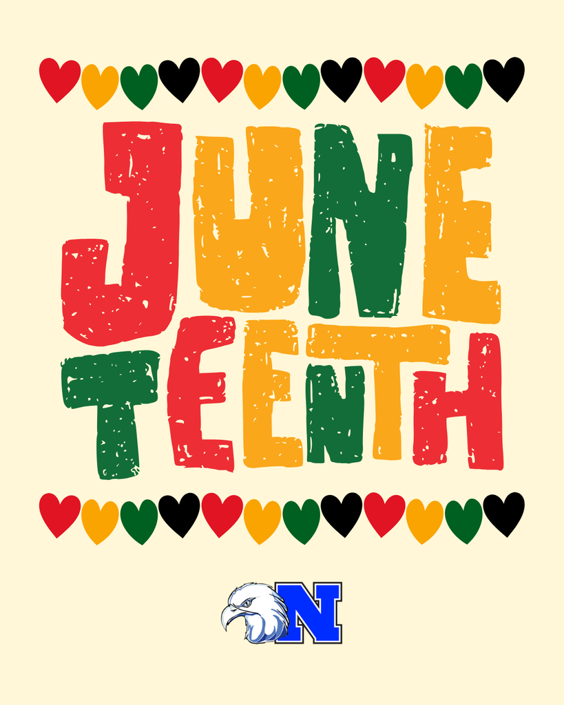 Juneteenth graphic with text "Juneteenth" and red, yellow, green, and black hearts.