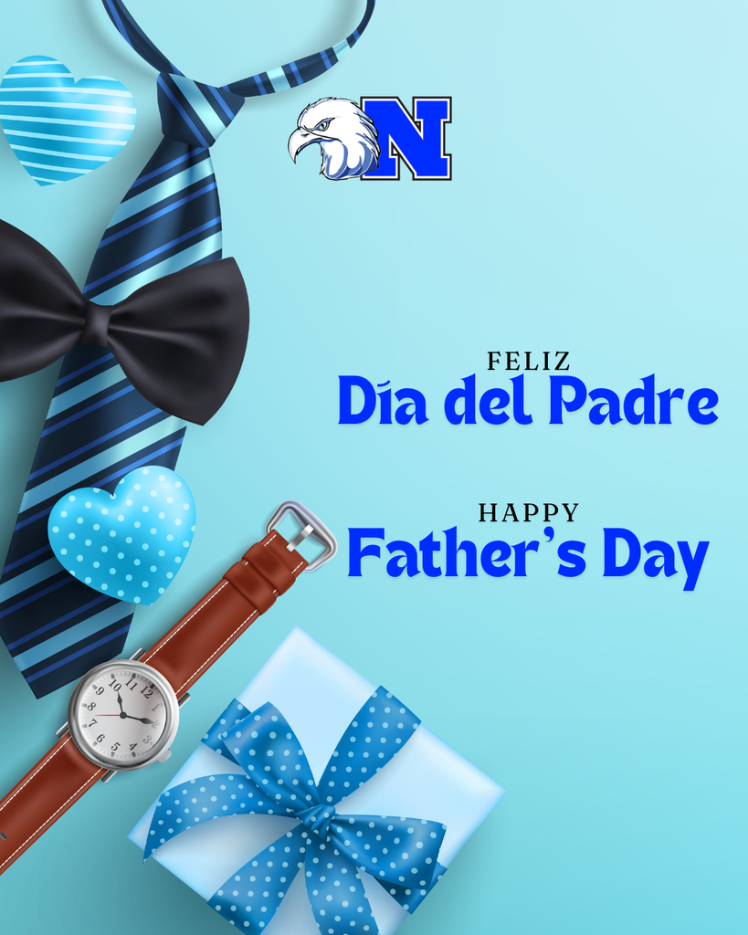 Father’s Day graphic featuring a blue necktie, bow tie, watch, gift box, and heart accents on a light blue background with text "Happy Father's Day".
