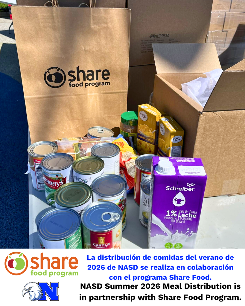 Share Food Program box of food on a table. Text box overlayed with Share Food Program logo, NASD logo, and text "NASD Summer 2026 Meal Distribution is in partnership with Share Food Program".