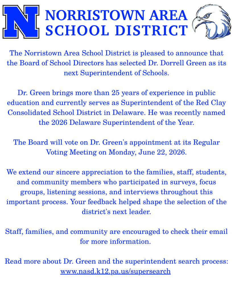 Announcement of update on the Superintendent search. Full details in caption.