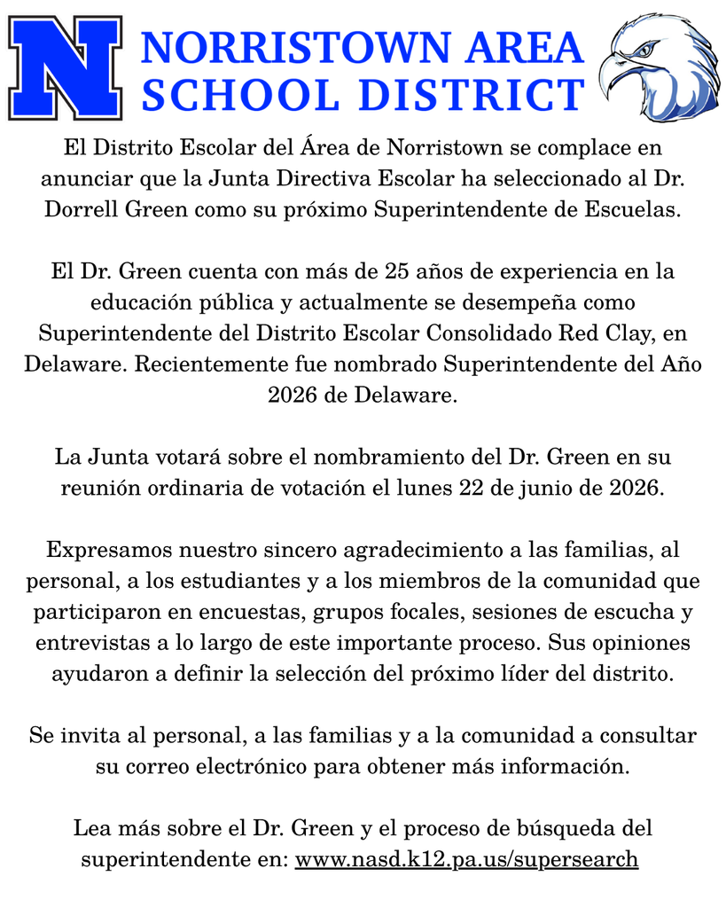 Announcement of update on the Superintendent search. Full details in caption.