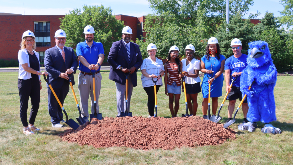 Left to right: Mrs. Susan Carpenter (President, Parent Club Council), Mr. Christopher Dormer (Superintendent of Schools), Mr. James Troutman (Assistant Principal, Norristown Area High School), Dr. Detrick McGriff (Principal, Norristown Area High School), Mrs. Nicole VanBuskirk (Assistant Principal, Norristown Area High School), Sydney B. (rising 12th grader, Norristown Area High School), Kevenah W. (rising 12th grader, Norristown Area High School), Ms. Safiya Elliotte (Assistant Principal, Norristown Area High School), Mr. Anthony Palladino (Athletic Director, Norristown Area School District), and Eagle Mascot.