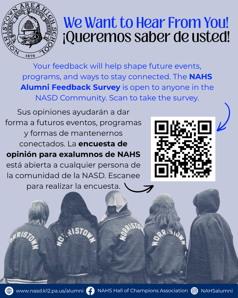 Flyer for NAHS Alumni Survey. Details in caption.
