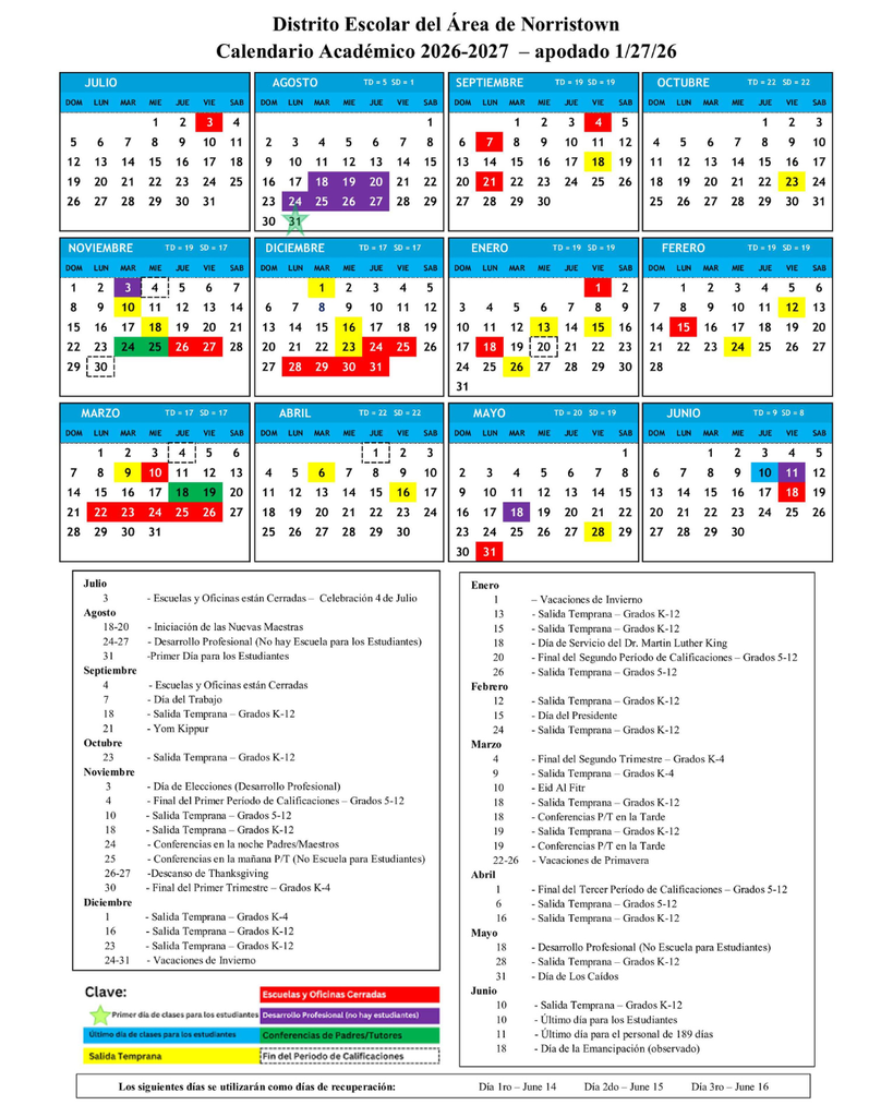 NASD Year-At-A-Glance Calendar Spanish.