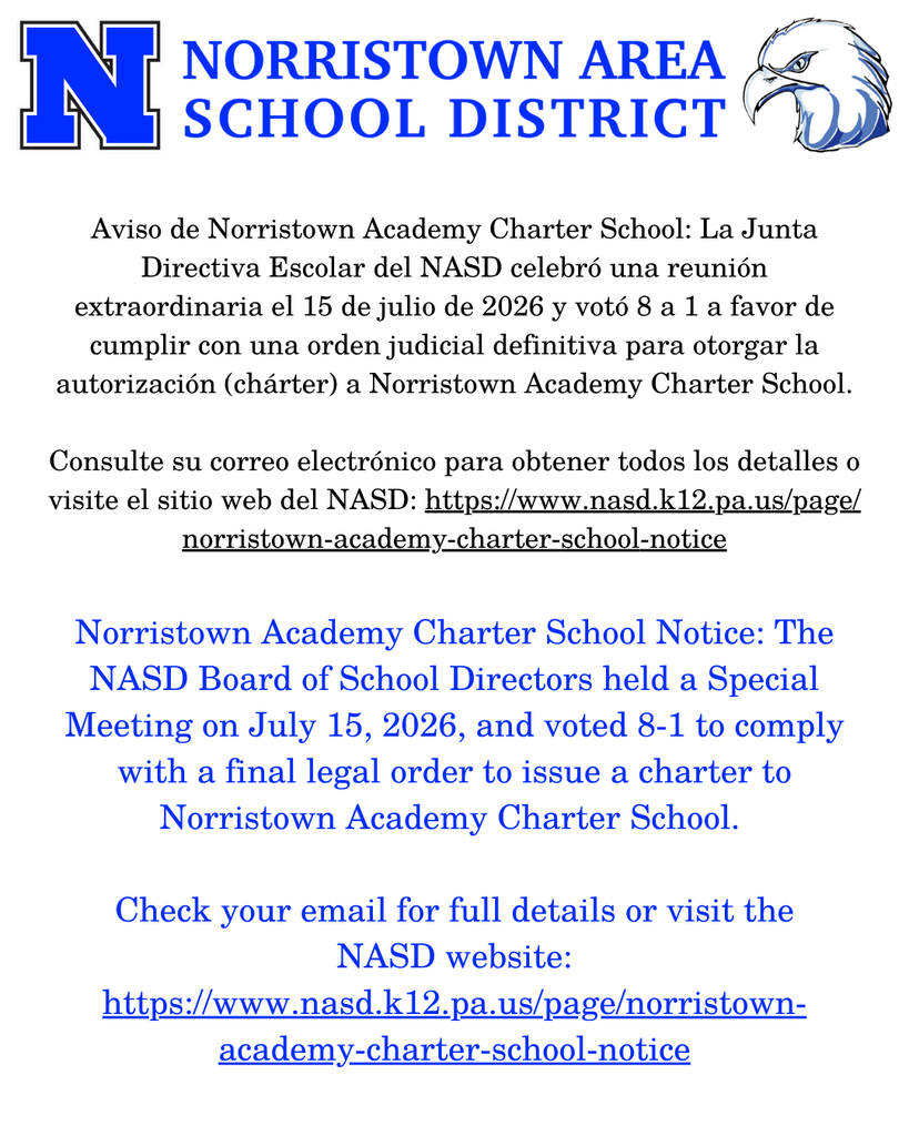 Norristown Academy Charter School Notice. Full details in caption.
