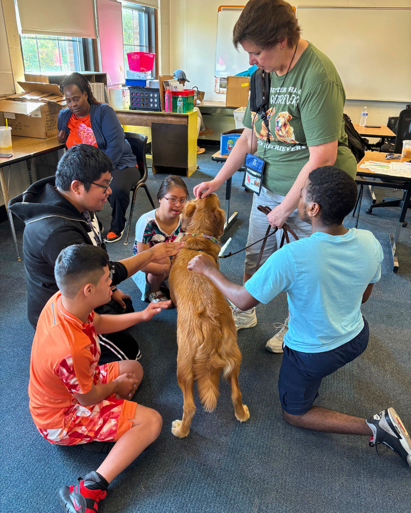 Students petting therapy dog during ESY.