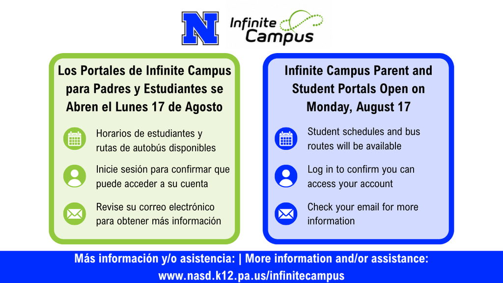 Informational flyer about Infinite Campus portals opening on August 17. Details in caption.