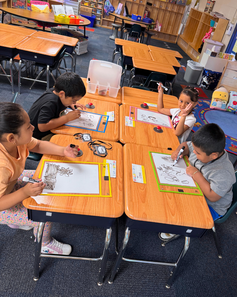 Students drawing on whiteboards at desks.