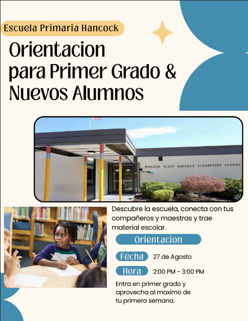 Un folleto de evento de la Escuela Primaria Hancock que anuncia el "First Grade & New Student Preview" (Presentación para Primer Grado y Nuevos Estudiantes).El texto superior dice "Hancock Elementary First Grade & New Student Preview" junto a formas decorativas azules. La parte central presenta una foto de la entrada principal moderna de la escuela. La sección inferior muestra una foto de estudiantes pequeños sentados en una mesa dentro de una biblioteca. El texto junto a la foto dice: "Discover the school, connect with staff and students, and bring in school supplies" (Descubre la escuela, conéctate con el personal y los estudiantes, y trae los útiles escolares). Indica que la fecha es el 27 de agosto y el horario es de 2:00 PM a 3:00 PM. Una línea final de texto dice: "Step into first grade and make the most of your first week" (Entra a primer grado y aprovecha al máximo tu primera semana).