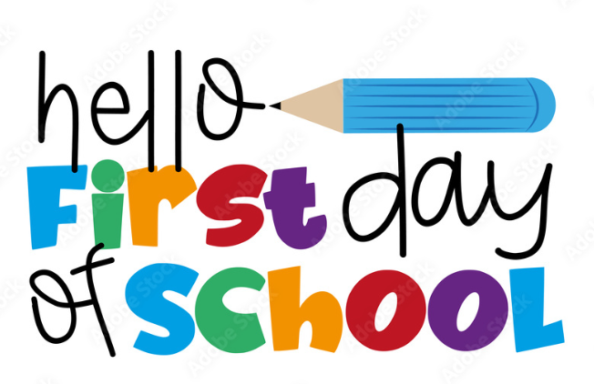 An image that says "hello first day of school"