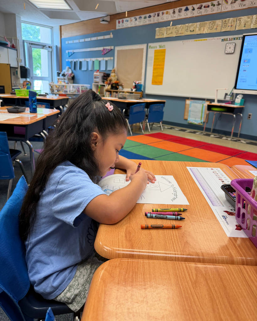 Young student coloring a paper on her desk.