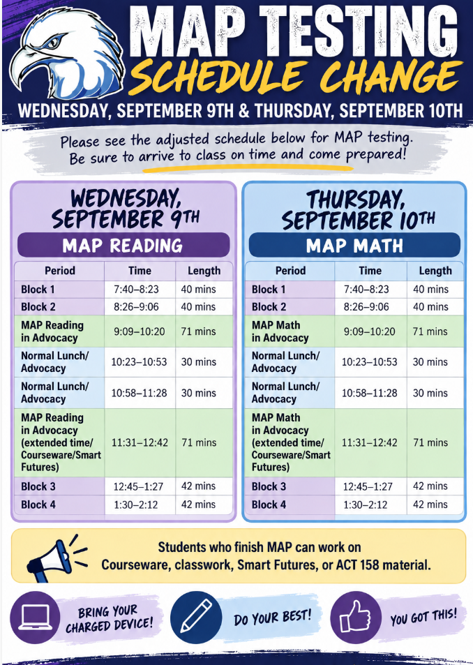 A flyer in English for MAP testing schedule change. The details are on the flyer.