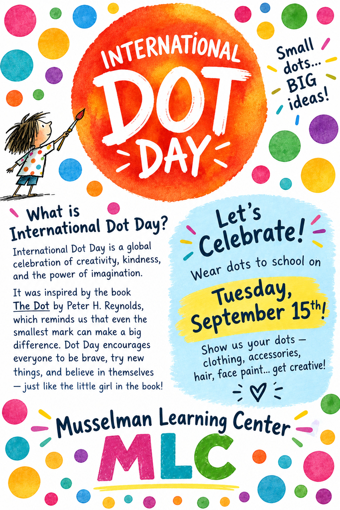 A colorful flyer in the style of Peter H. Reynolds describing International Dot Day in English. Information in the caption below