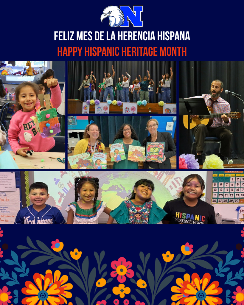 Hispanic Heritage Month graphic with a collage of NASD students and staff from past celebrations and activities.