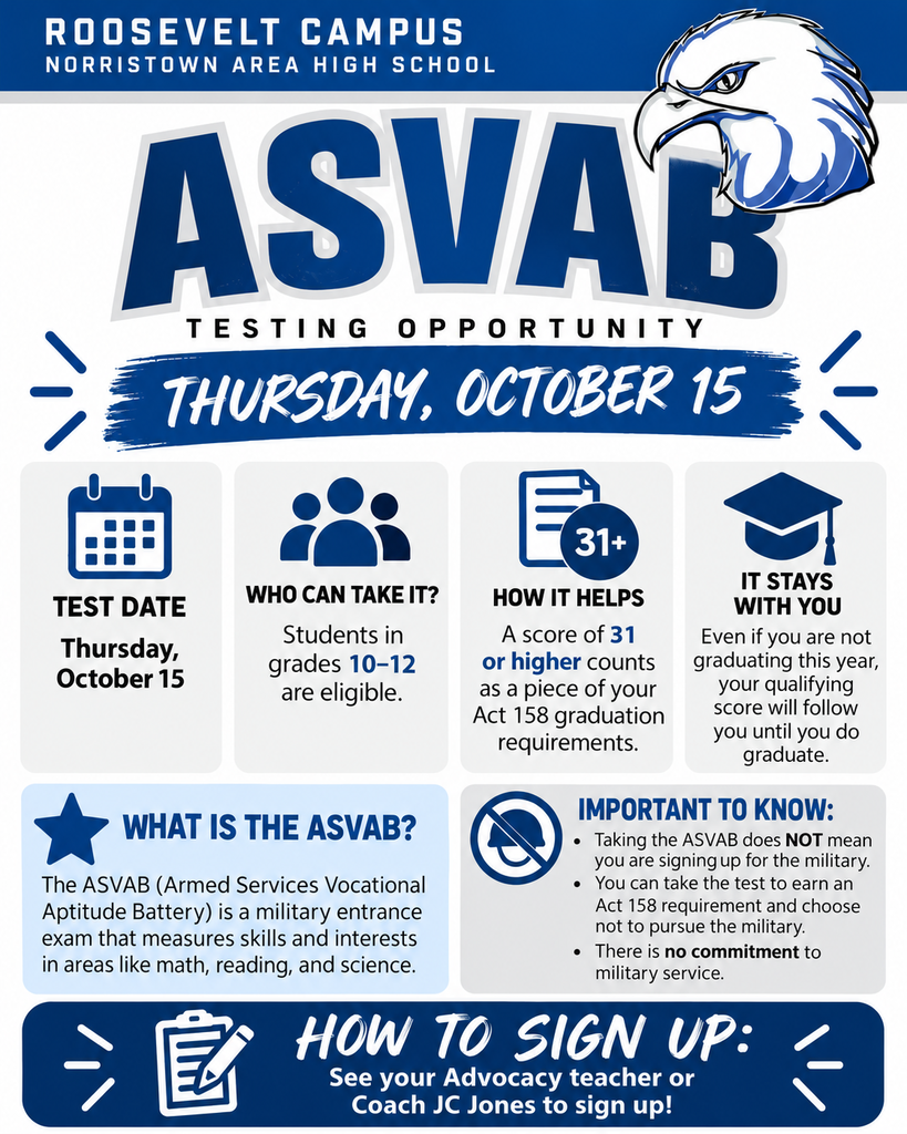 A flyer with information about the ASVAB taking place at Roosevelt on Oct 15. It is encouraging students to sign up with Coach JC. A score of 31 or higher will count as evidence for their Act 158 requirements for graduation.