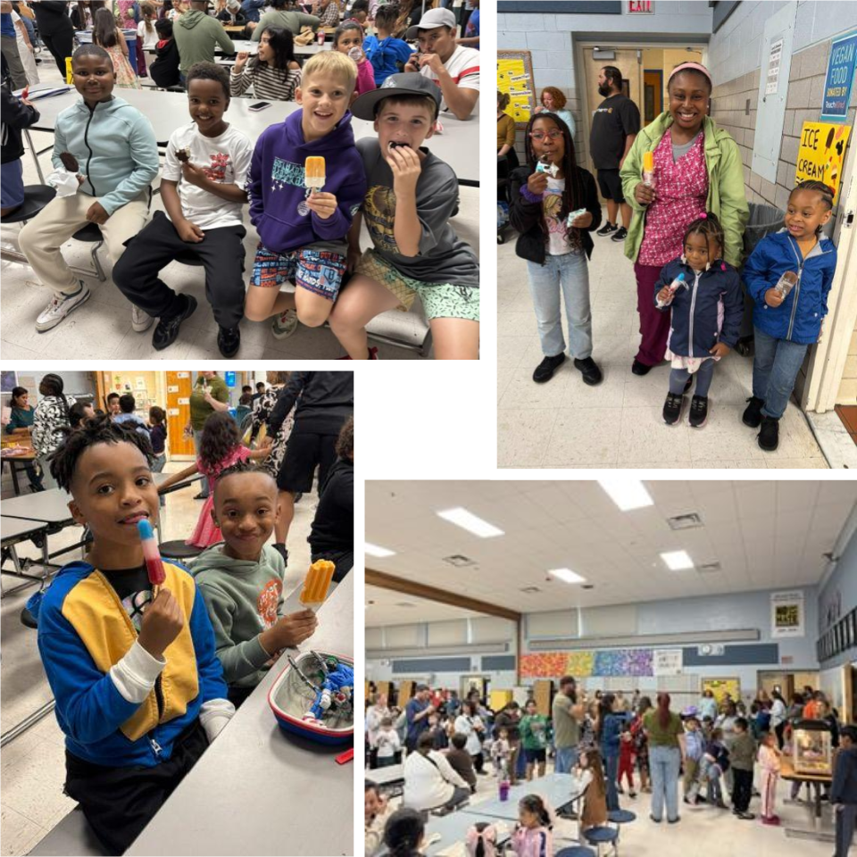 A group of people smiling, chatting, and enjoying frozen treats and popcorn during Marshall Street’s Ice Cream Social.
