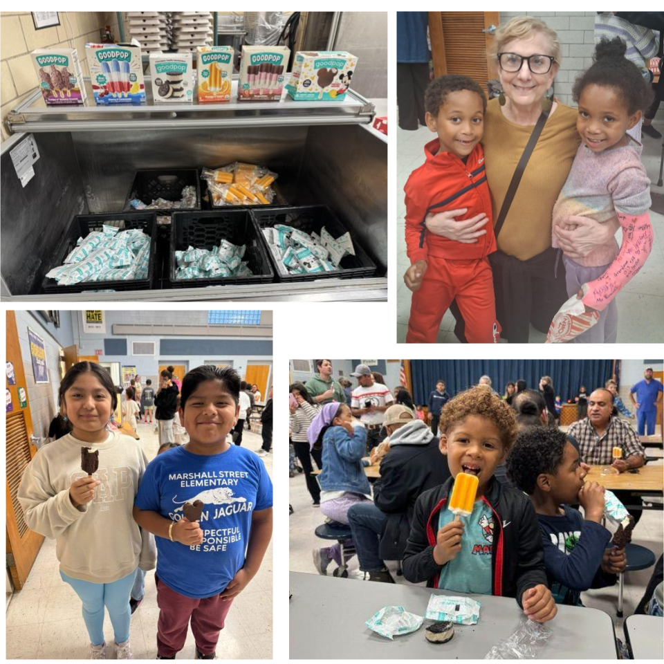 A group of people smiling, chatting, and enjoying frozen treats and popcorn during Marshall Street’s Ice Cream Social.