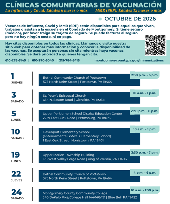A flyer listing all upcoming vaccine clinics in Montgomery County with a QR code to make an appointment. Details in caption