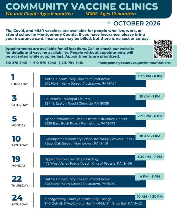 A flyer listing all upcoming vaccine clinics in Montgomery County with a QR code to make an appointment. Details in caption