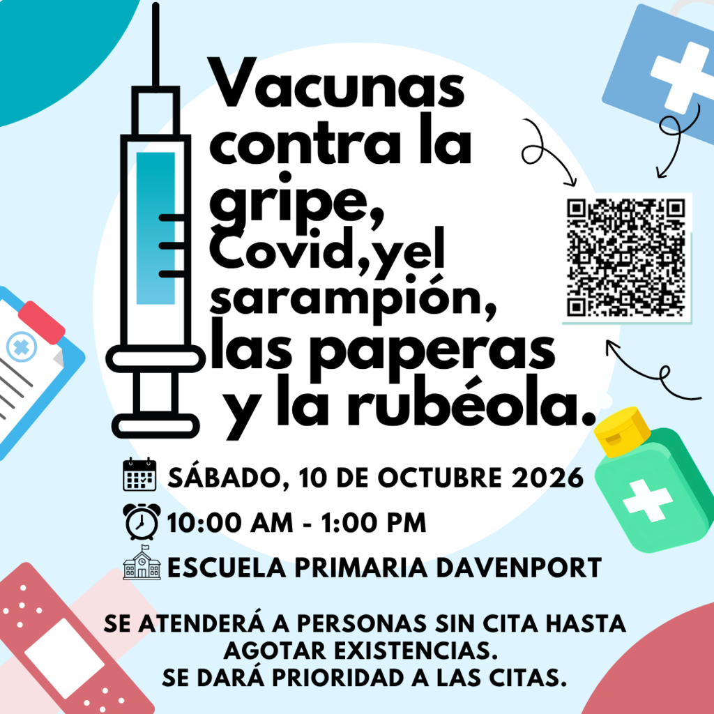 A flyer describing the upcoming Vaccine clinic on October 10th at Davenport Elementary. Details in caption.
