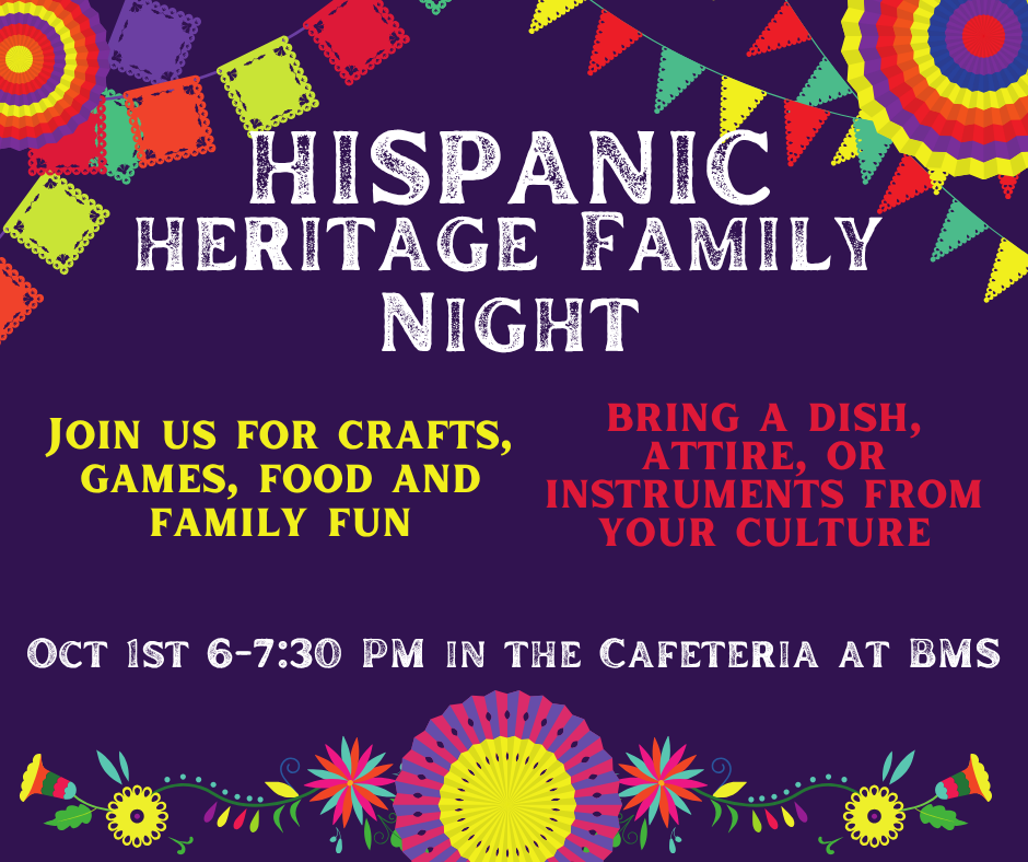 and Spanish text inviting families to Hispanic Heritage Celebration at Blockson on October 1