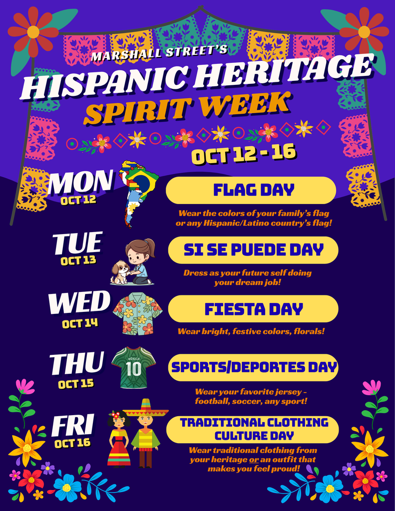 A vibrant, colorful graphic detailing the schedule for Hispanic Heritage Month Spirit Days.