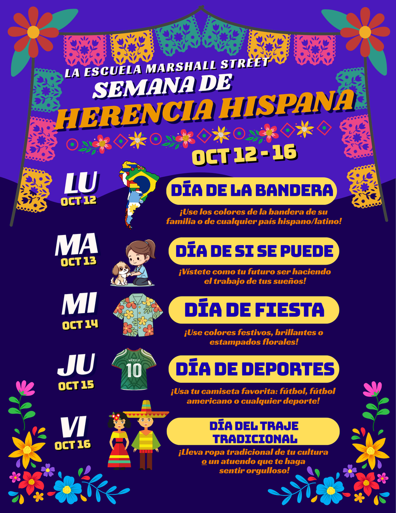 A vibrant, colorful graphic detailing the schedule for Hispanic Heritage Month Spirit Days.