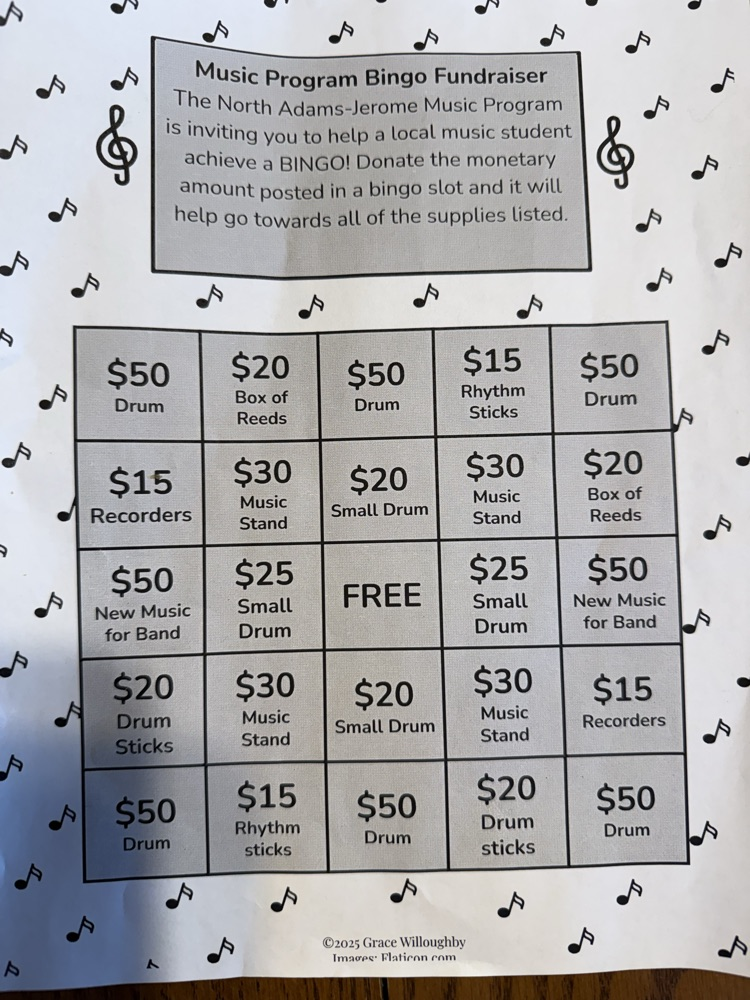 Let’s all help our students have the best journey in music.  Ask your family, your friends and your neighbors to pick any square and donate that amount to our music program.  