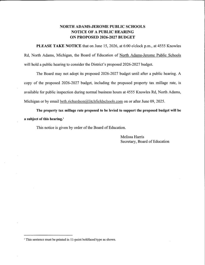 Notice of Public Hearing - 2026/2027 Budget
