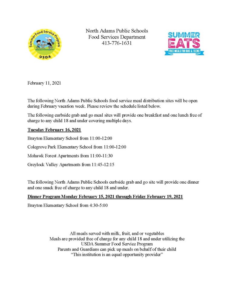 Food Services: February Vacation and In-Classroom Menus