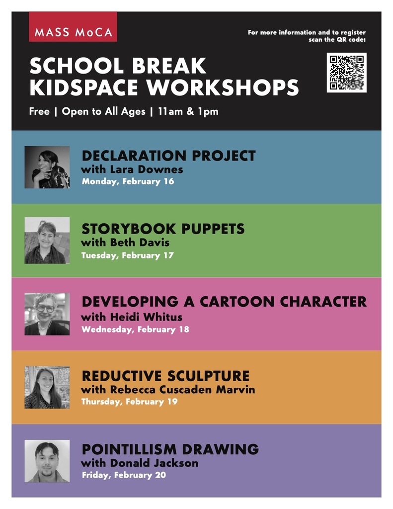 School break workshop flyer from MASS MoCA for February break workshops 2026