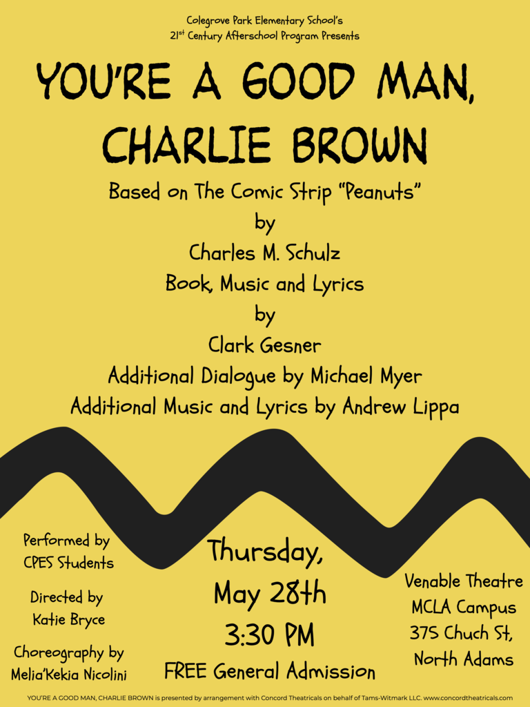 Flyer for You're A Good Man, Charlie Brown. Yellow with large black chevron line and details about the show