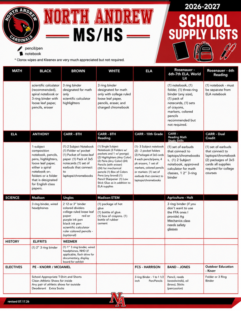 Middle and high school supply lists