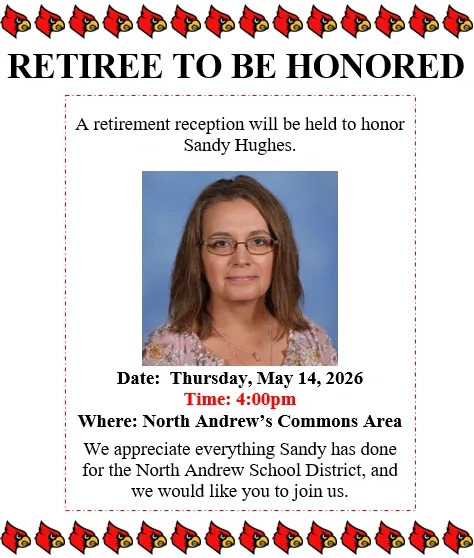 A retirement reception will be held to honor Sandy Hughes.