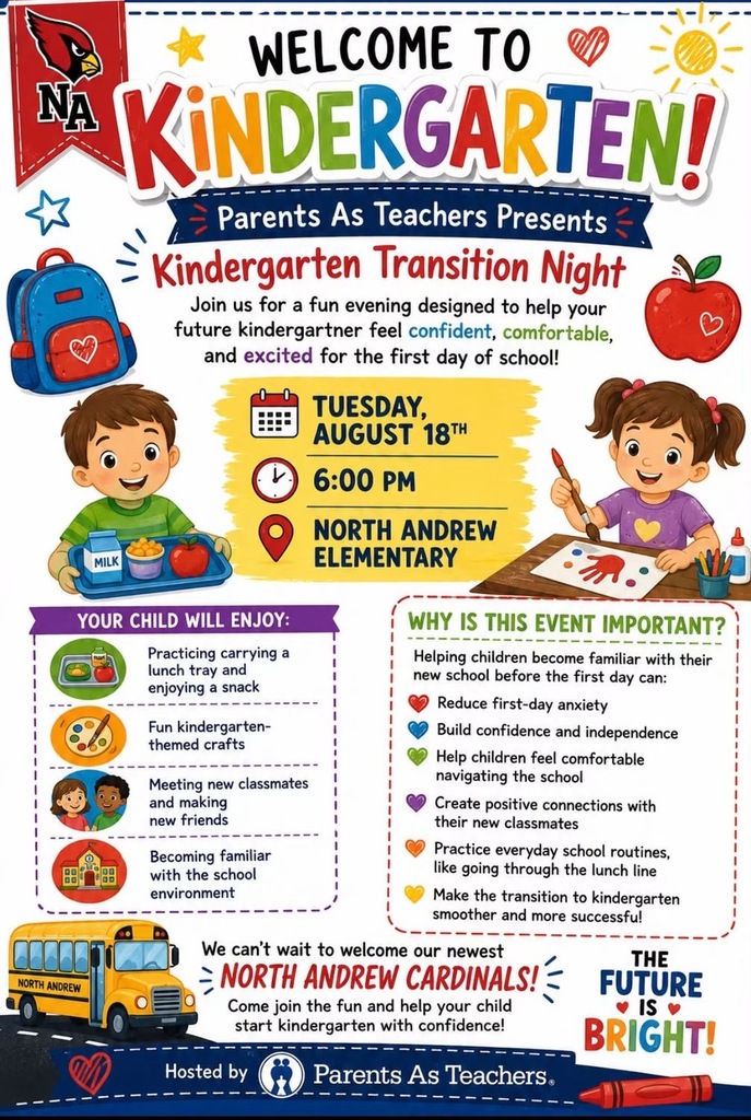 Information on Kindergarten Transition Night (August 18th @6:00pm at North Andrew)