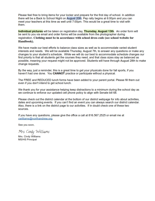 Registration Letter from Mrs. Williams
