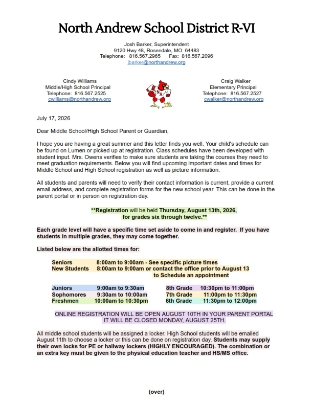 Registration Letter from Mrs. Williams