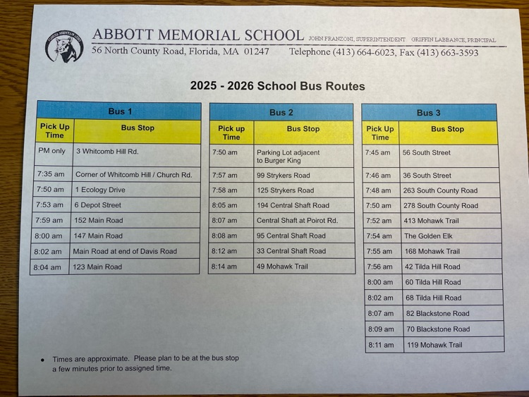 Bus Schedule for 25/26 school year!