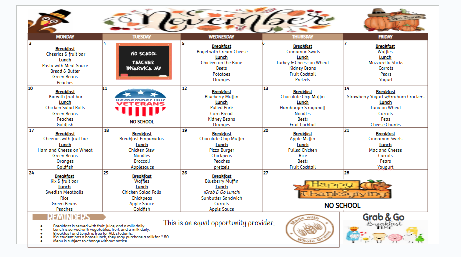 November's breakfast and lunch menu