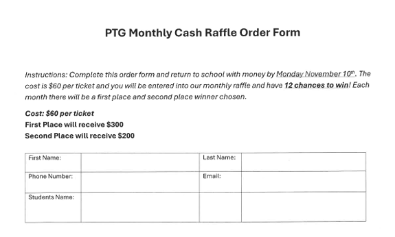 Monthly Raffle order form