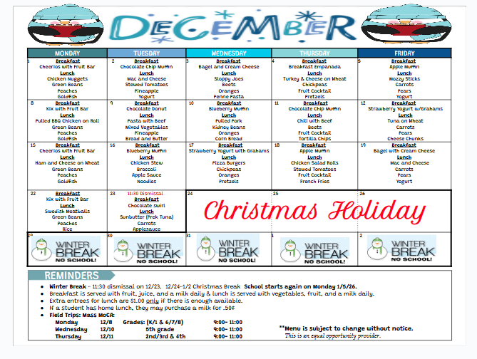 The December breakfast and lunch menu is here!